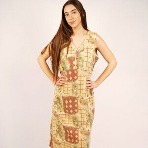 90s Tank Dress (XL) tan green vintage midi multipattern boho hippie plus size